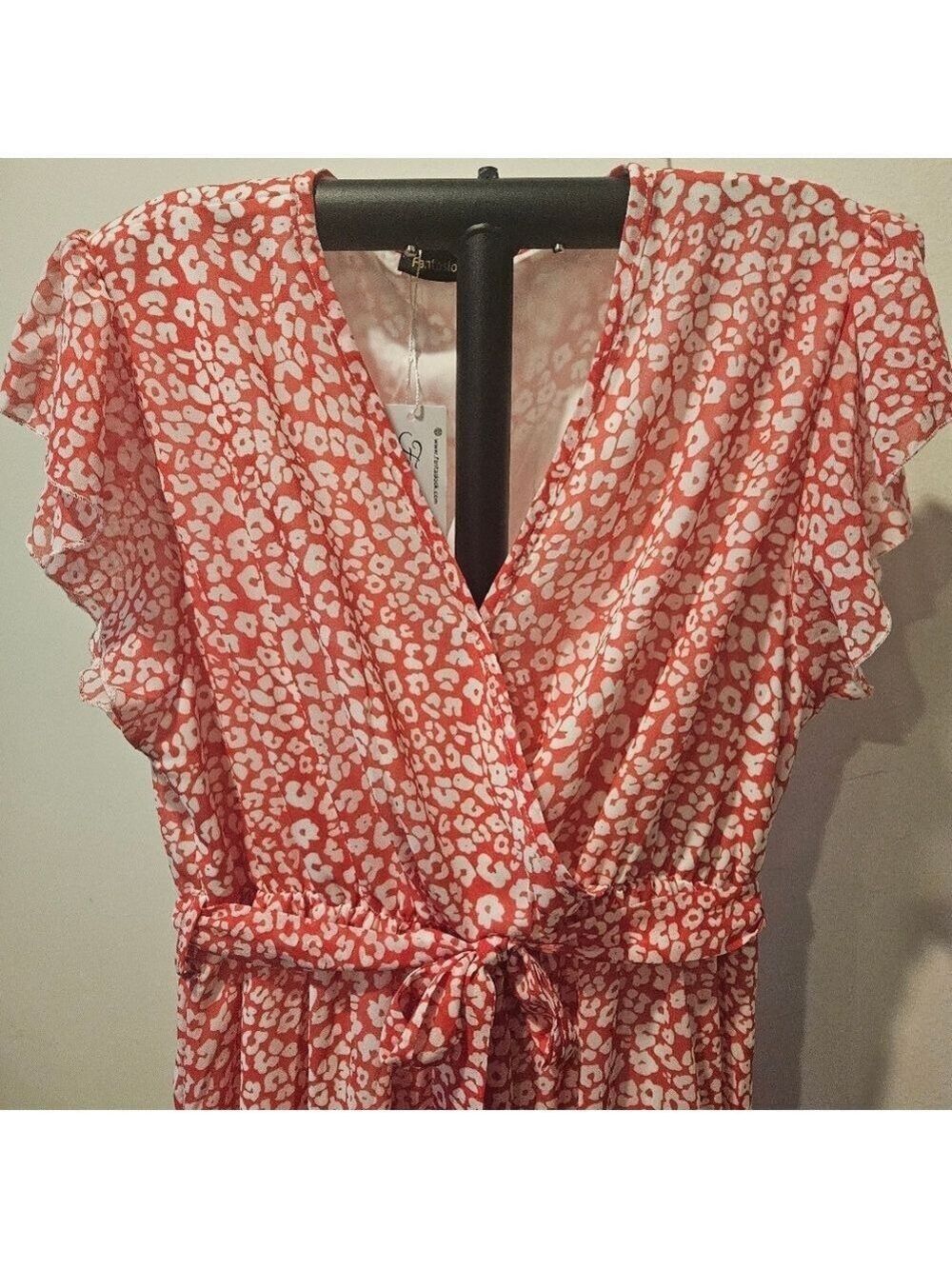 Fantasticlook NWT Women's Ruffle Sleeve Belted Boho Midi Dress, L, Red & White - Picture 6 of 9